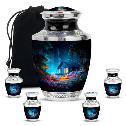 Serene Blue Halloween Cremation Urn lifestyle display on memorial shelf - artistic halloween interpretation with creative detail - memorial set with one large and four small urns