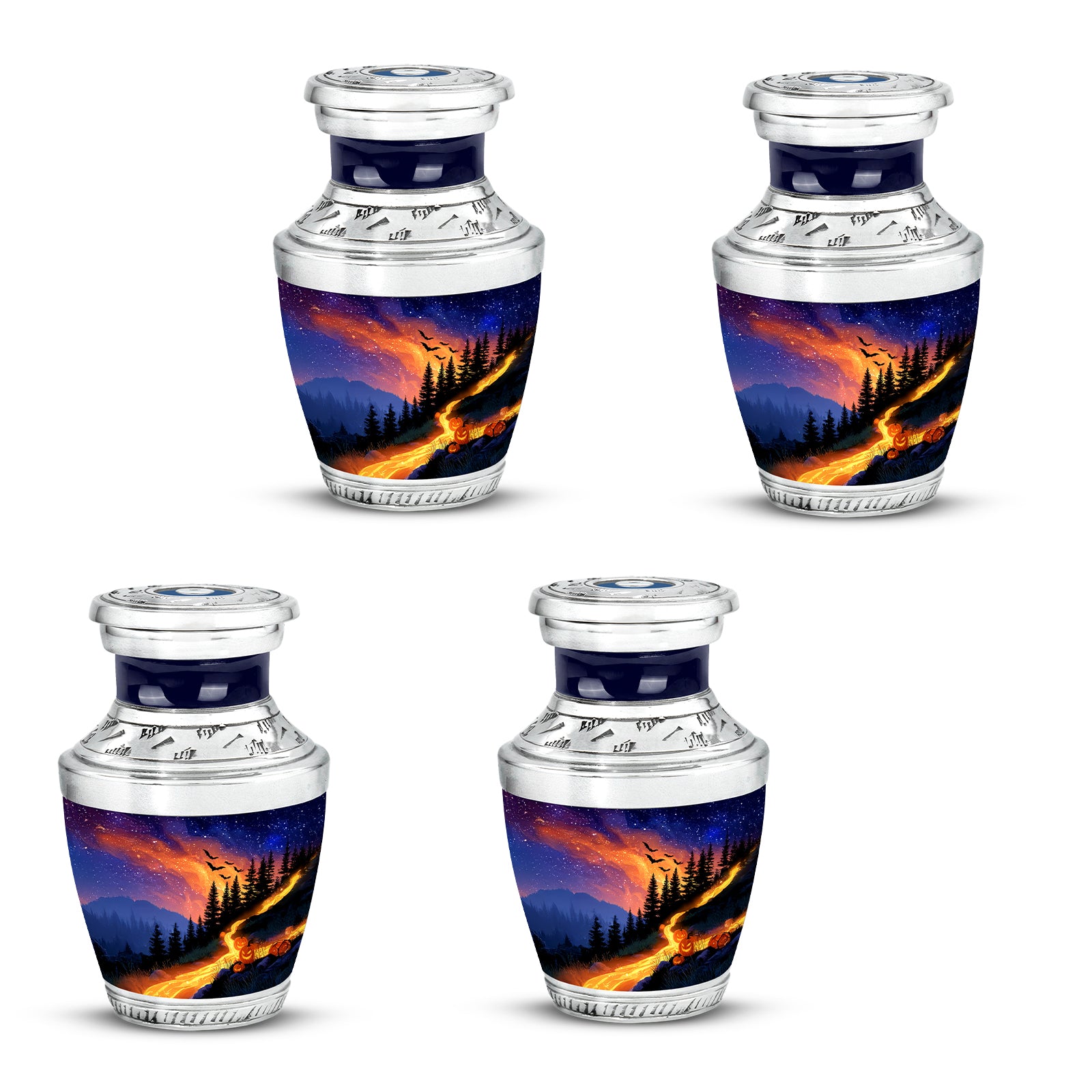 Sky Blue Halloween Cremation Urn back view with polished surface - contemporary halloween design with modern artistic flair - 10 inch aluminum urn for cremated remains