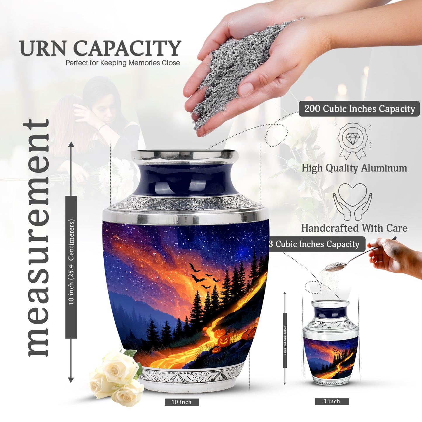 Azure Halloween Cremation Urn top-down view of secure threaded lid - contemporary halloween design with modern artistic flair - mini keepsake memorial for portion of cremation ashes