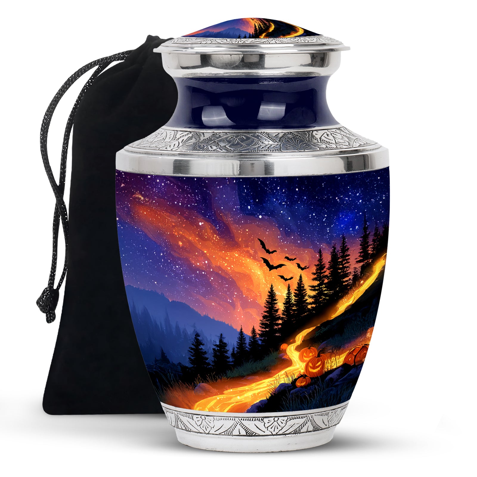 Celestial Blue Halloween Cremation Urn side profile showing urn shape - modern art-inspired halloween motif on sleek aluminum - full-size 10 inch 200 cubic inch adult cremation urn