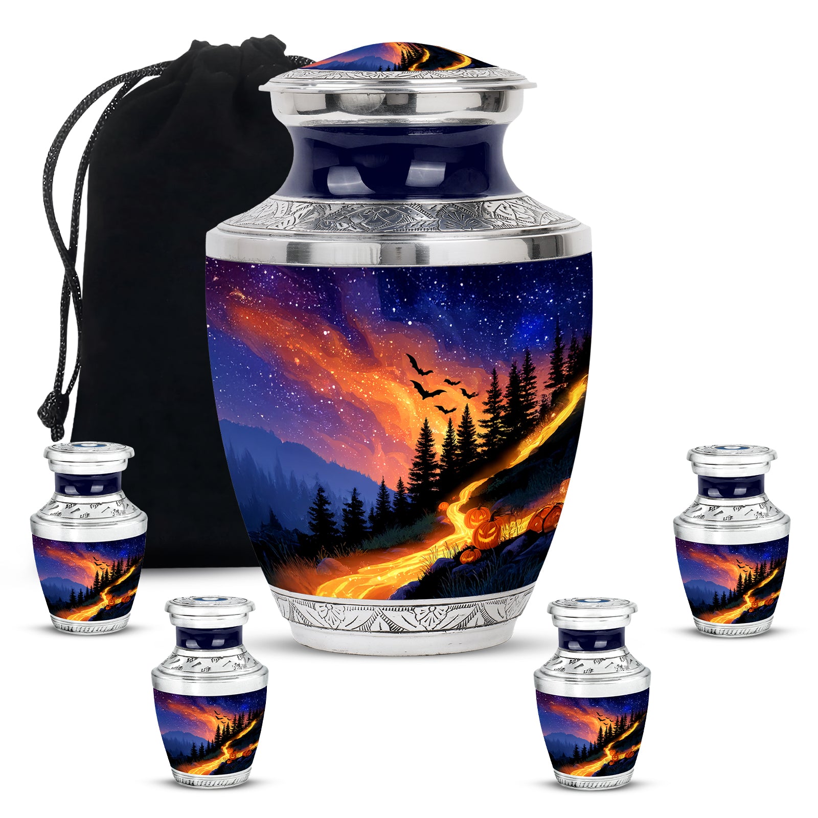 Royal Blue Halloween Cremation Urn lifestyle display on memorial shelf - artistic halloween interpretation with creative detail - memorial set with one large and four small urns