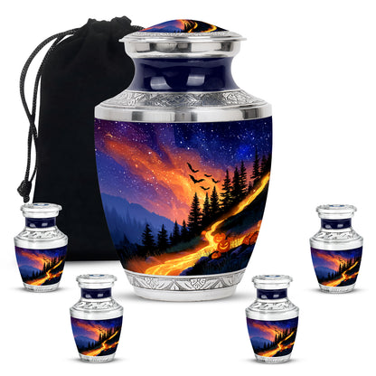 Royal Blue Halloween Cremation Urn lifestyle display on memorial shelf - artistic halloween interpretation with creative detail - memorial set with one large and four small urns