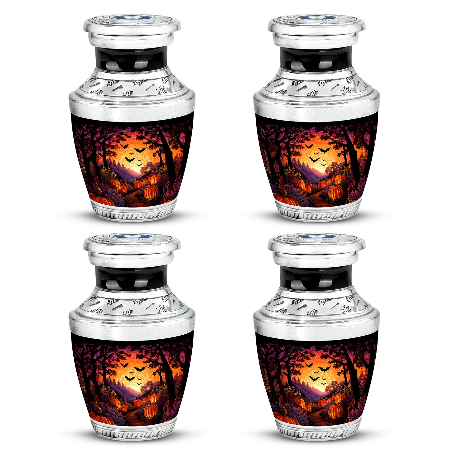 Dark Black Halloween Cremation Urn back view with polished surface - stylized abstract halloween pattern with bold lines - 10 inch aluminum urn for cremated remains