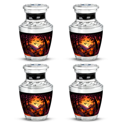Dark Black Halloween Cremation Urn back view with polished surface - stylized abstract halloween pattern with bold lines - 10 inch aluminum urn for cremated remains