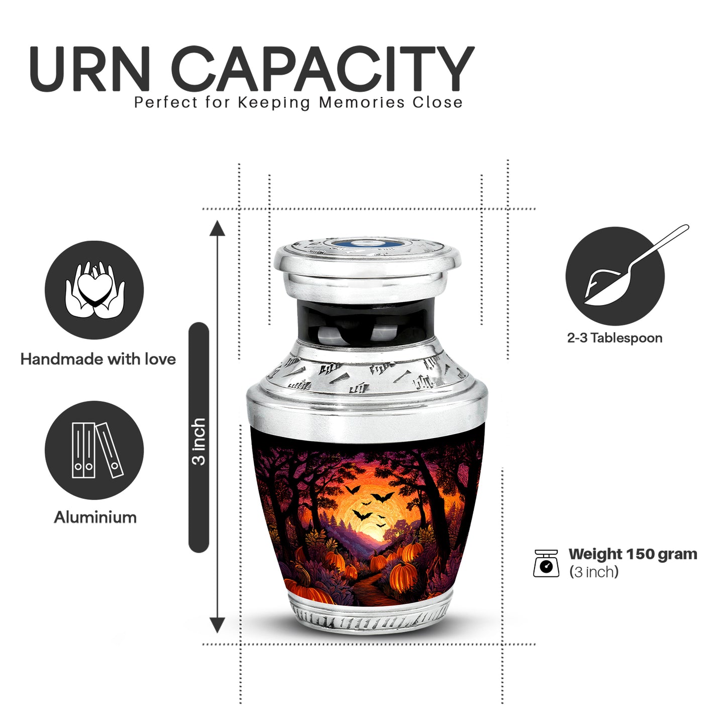 Onyx Black Halloween Cremation Urn top-down view of secure threaded lid - stylized abstract halloween pattern with bold lines - mini keepsake memorial for portion of cremation ashes
