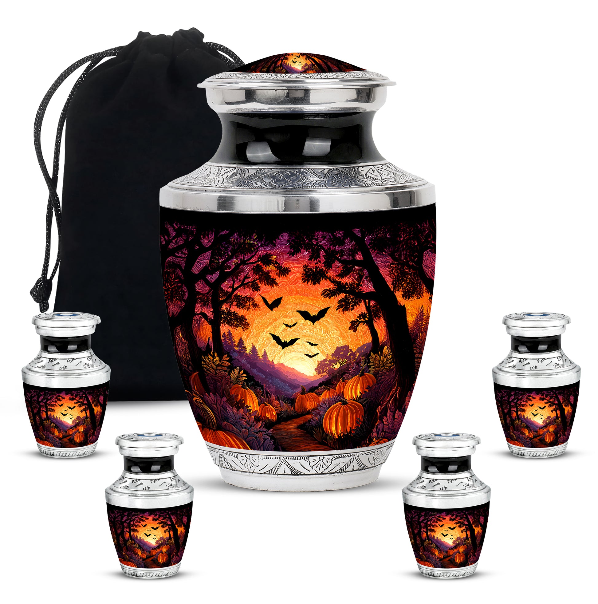 Glossy Black Halloween Cremation Urn lifestyle display on memorial shelf - contemporary halloween design with modern artistic flair - memorial set with one large and four small urns
