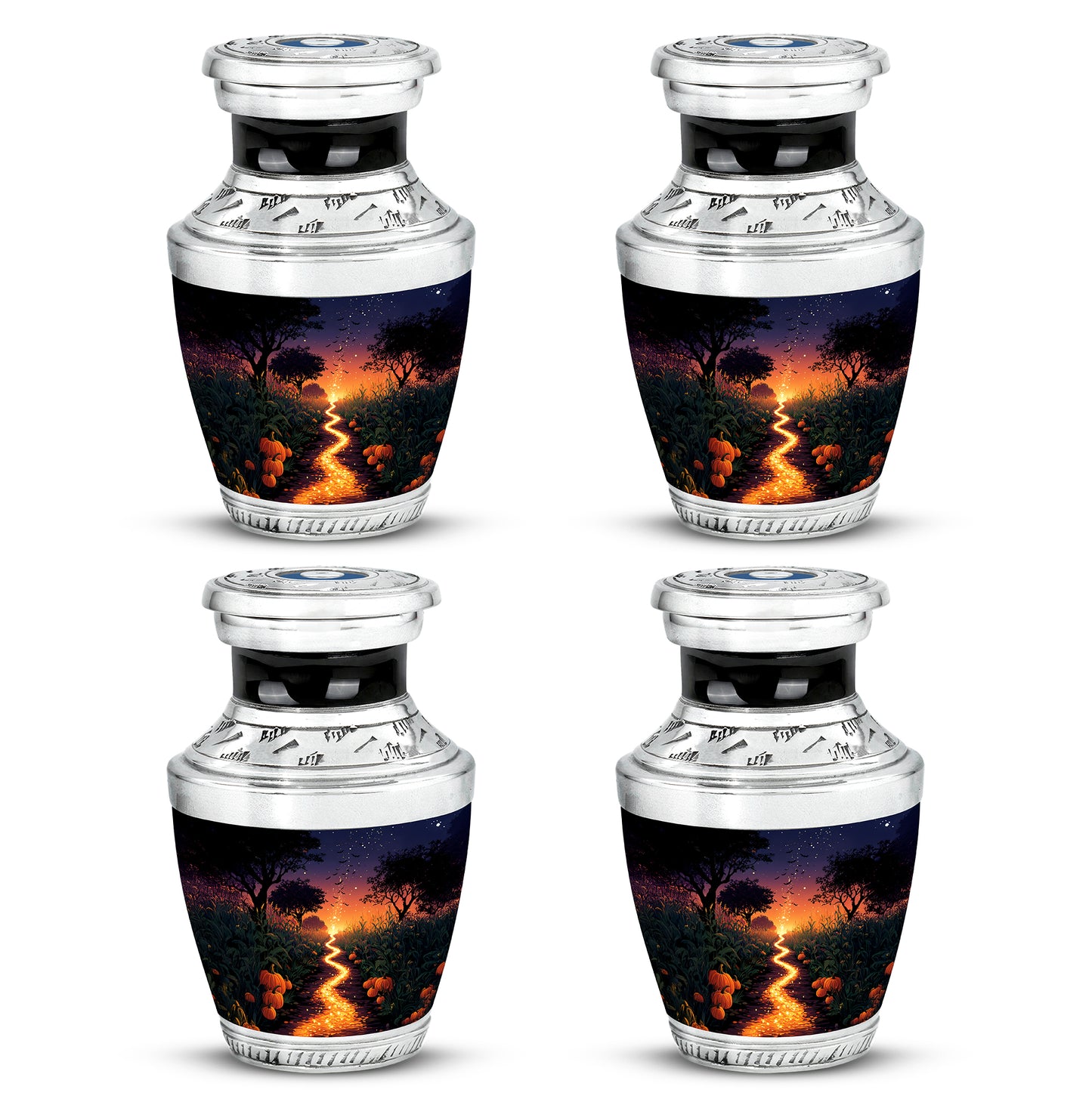 Dusty Blue Halloween Cremation Urn back view with polished surface - modern art-inspired halloween motif on sleek aluminum - 10 inch aluminum urn for cremated remains