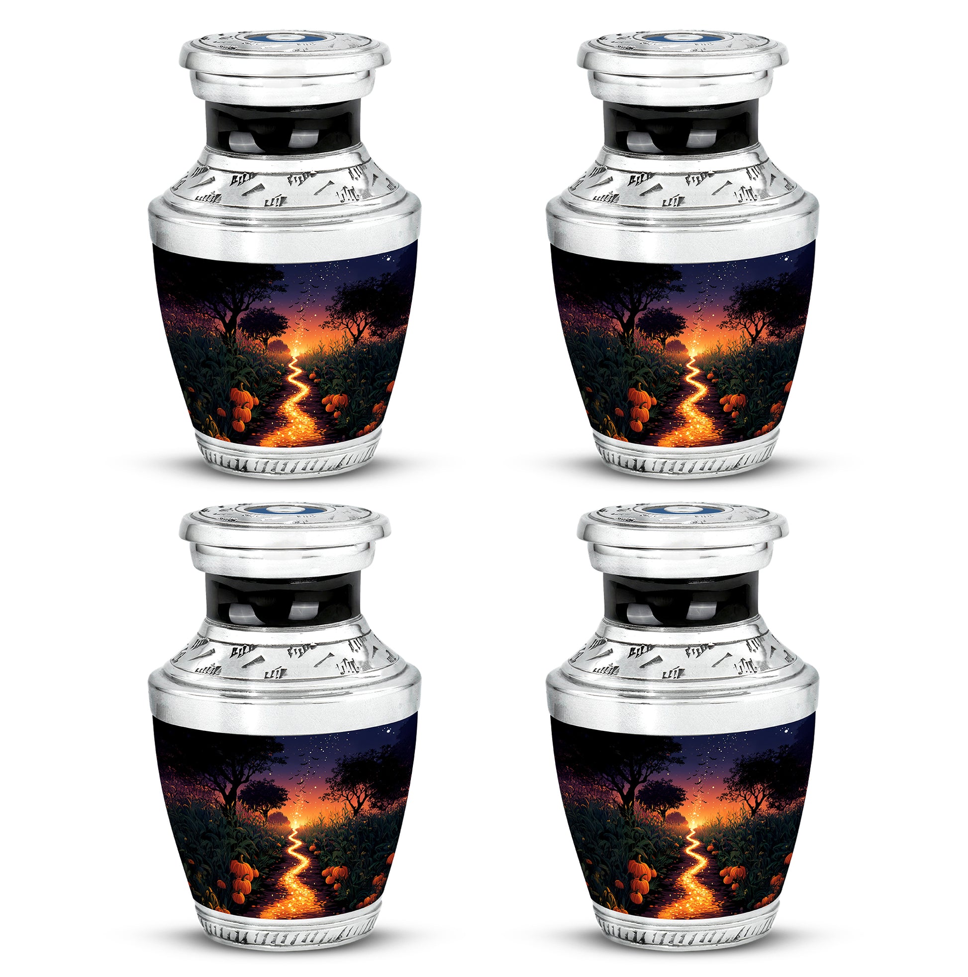 Dusty Blue Halloween Cremation Urn back view with polished surface - modern art-inspired halloween motif on sleek aluminum - 10 inch aluminum urn for cremated remains