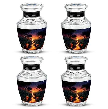 Dusty Blue Halloween Cremation Urn back view with polished surface - modern art-inspired halloween motif on sleek aluminum - 10 inch aluminum urn for cremated remains