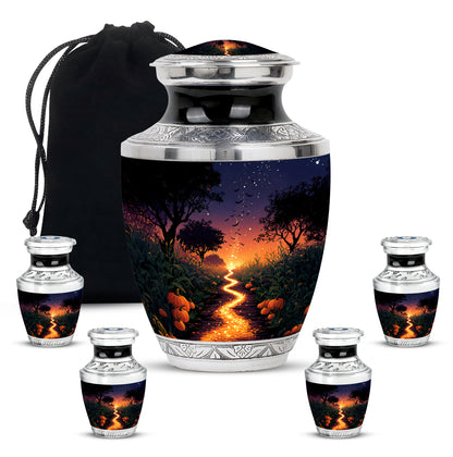Vivid Blue Halloween Cremation Urn lifestyle display on memorial shelf - artistic halloween interpretation with creative detail - memorial set with one large and four small urns