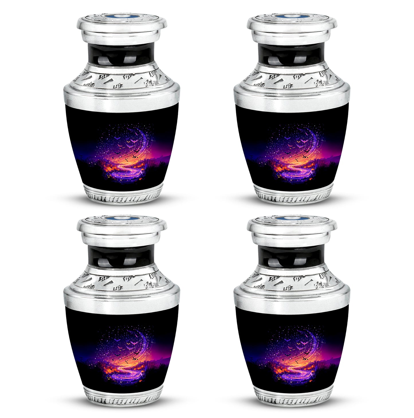 Rich Black Halloween Cremation Urn back view with polished surface - contemporary halloween design with modern artistic flair - 10 inch aluminum urn for cremated remains