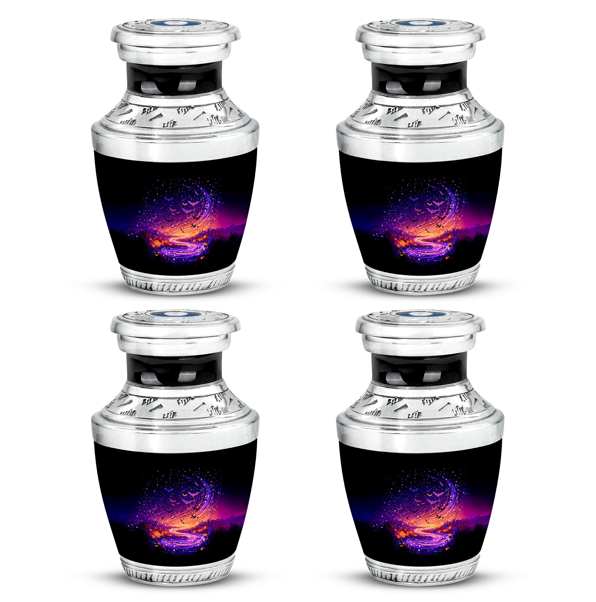 Rich Black Halloween Cremation Urn back view with polished surface - contemporary halloween design with modern artistic flair - 10 inch aluminum urn for cremated remains