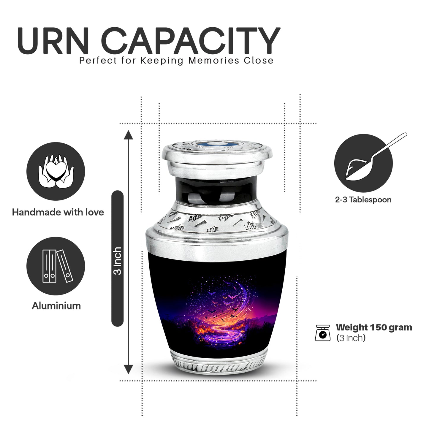 Glossy Black Halloween Cremation Urn top-down view of secure threaded lid - contemporary halloween design with modern artistic flair - mini keepsake memorial for portion of cremation ashes