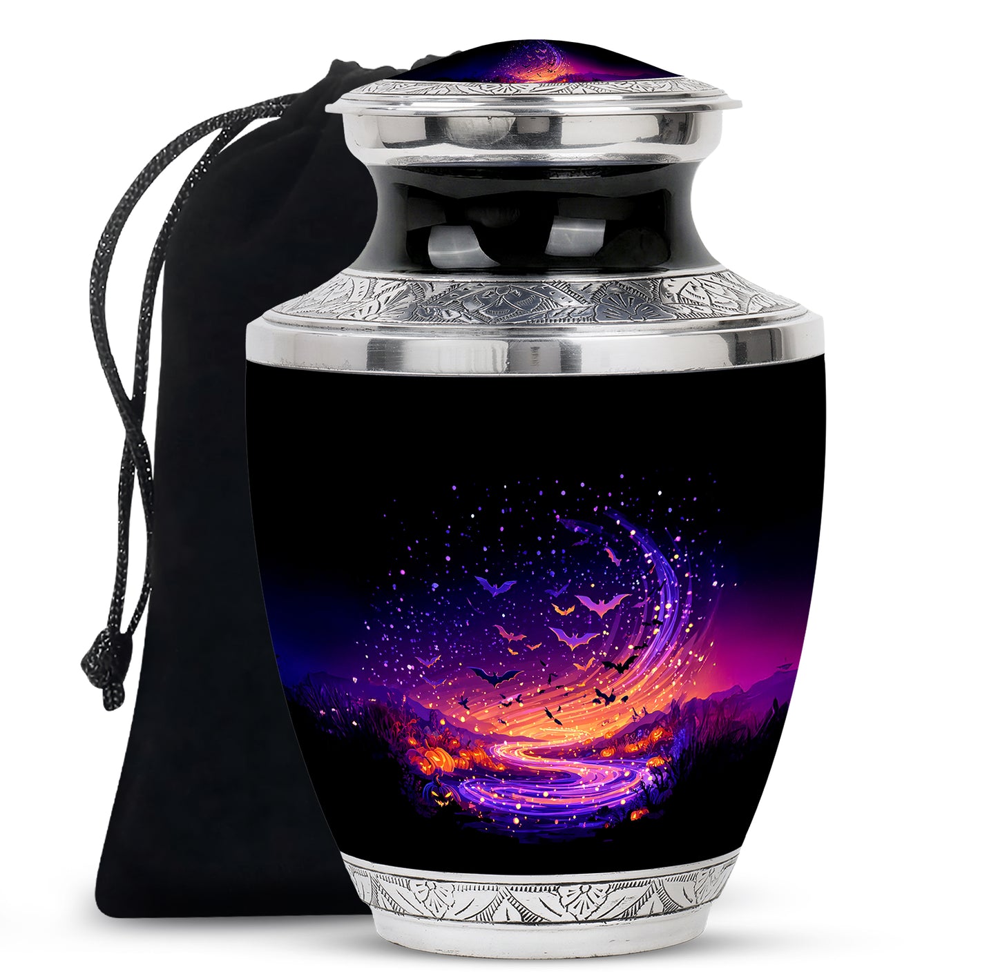 Jet Black Halloween Cremation Urn side profile showing urn shape - contemporary halloween design with modern artistic flair - full-size 10 inch 200 cubic inch adult cremation urn