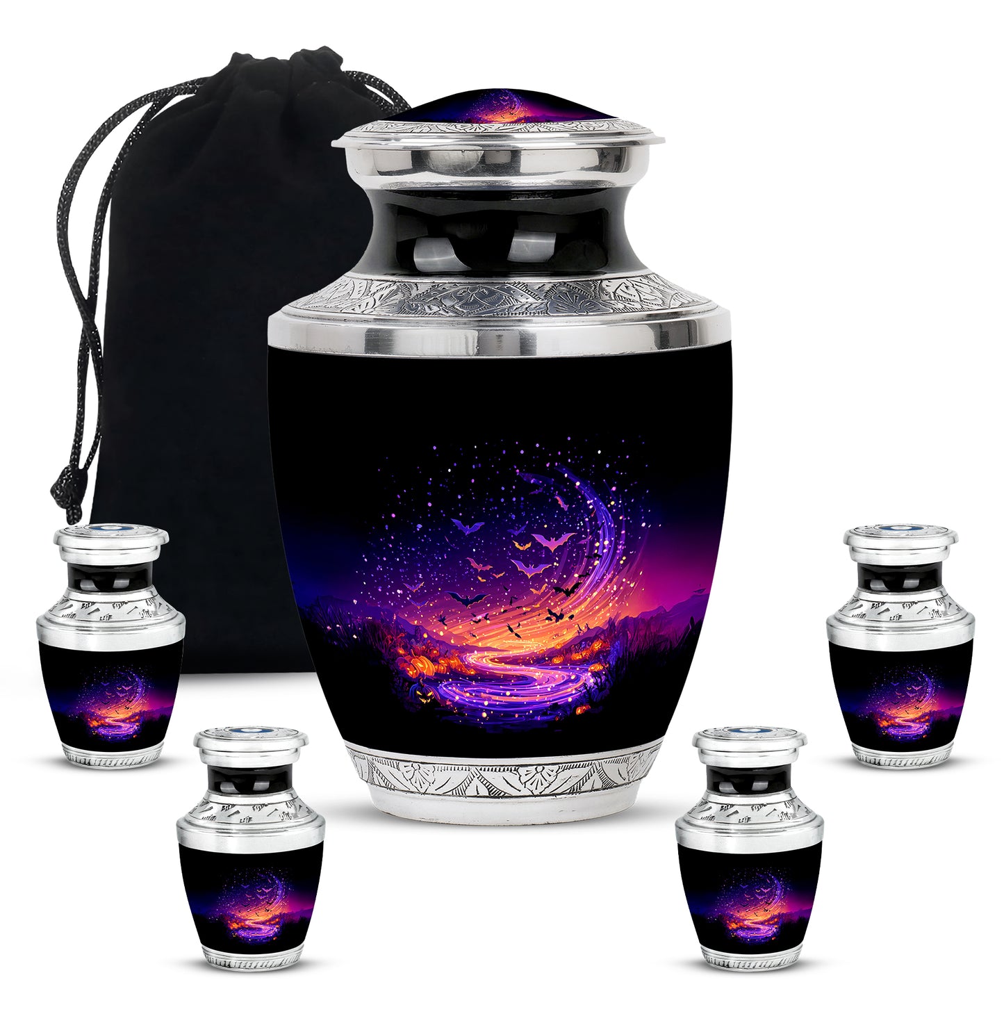 Glossy Black Halloween Cremation Urn lifestyle display on memorial shelf - contemporary halloween design with modern artistic flair - memorial set with one large and four small urns