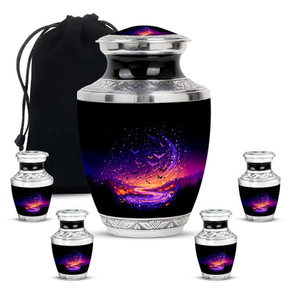 Glossy Black Halloween Cremation Urn lifestyle display on memorial shelf - contemporary halloween design with modern artistic flair - memorial set with one large and four small urns