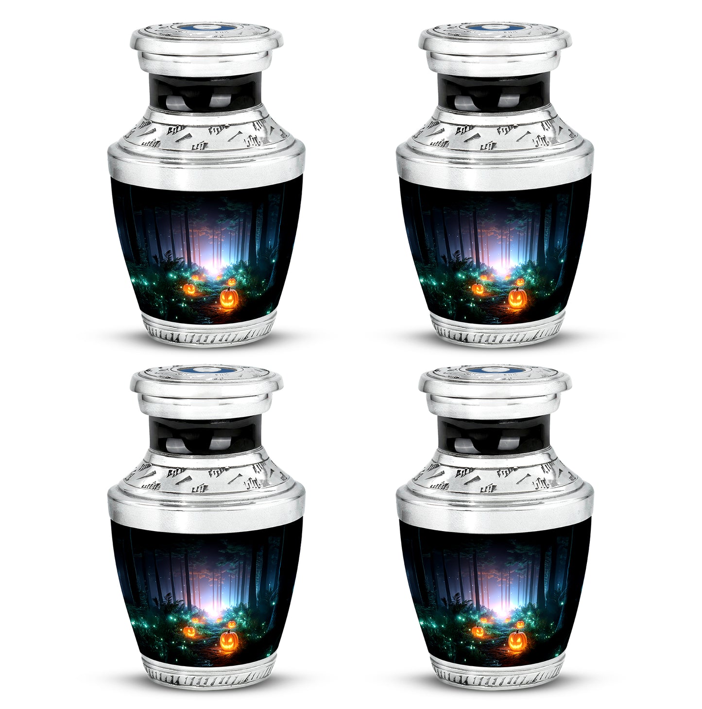 Glossy Black Halloween Cremation Urn back view with polished surface - contemporary halloween design with modern artistic flair - 10 inch aluminum urn for cremated remains