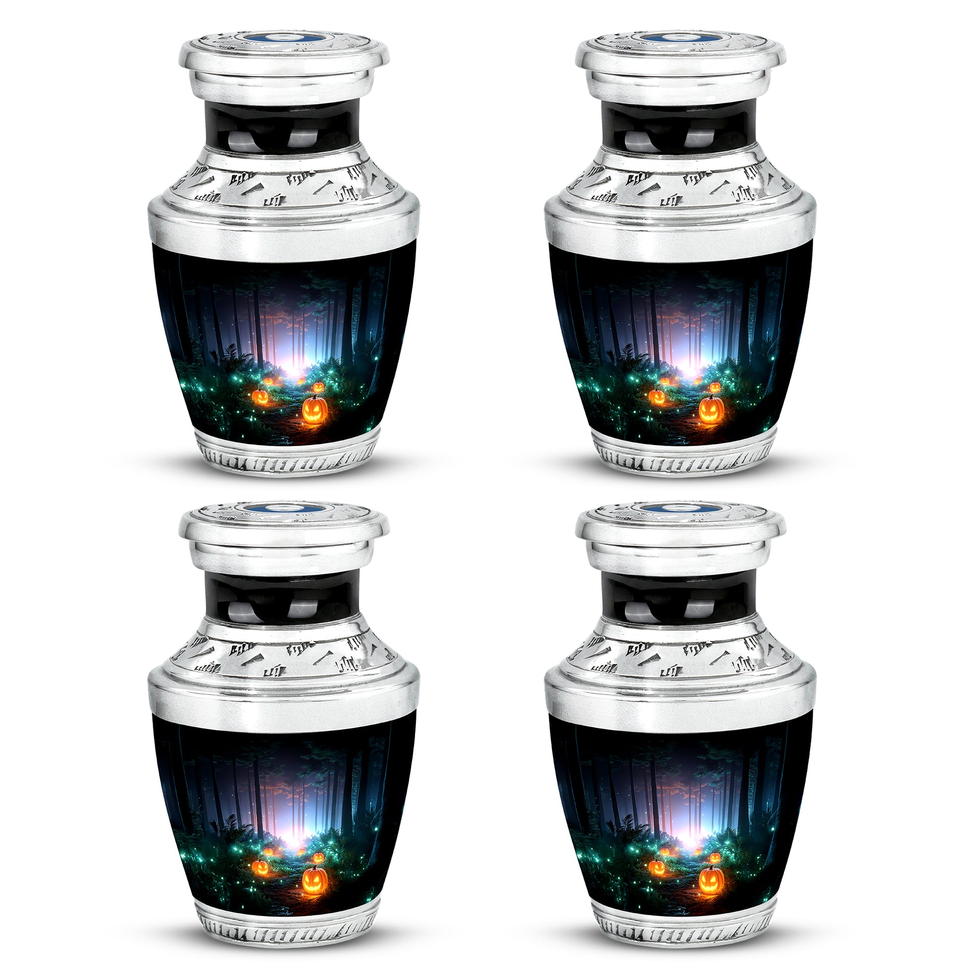 Glossy Black Halloween Cremation Urn back view with polished surface - contemporary halloween design with modern artistic flair - 10 inch aluminum urn for cremated remains