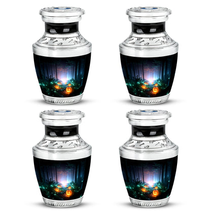 Glossy Black Halloween Cremation Urn back view with polished surface - contemporary halloween design with modern artistic flair - 10 inch aluminum urn for cremated remains