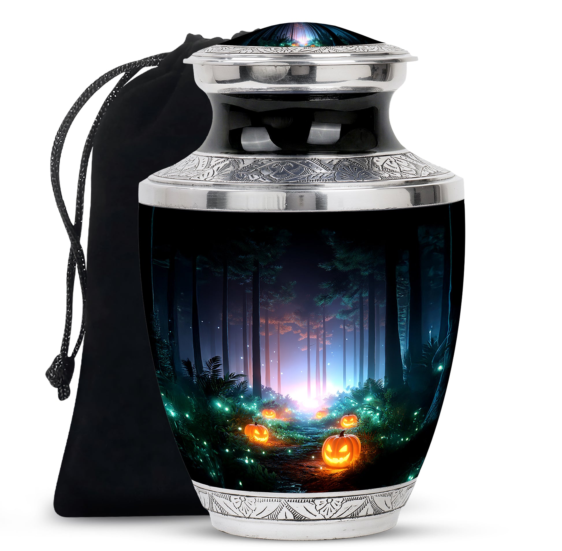 Dark Black Halloween Cremation Urn side profile showing urn shape - stylized abstract halloween pattern with bold lines - full-size 10 inch 200 cubic inch adult cremation urn