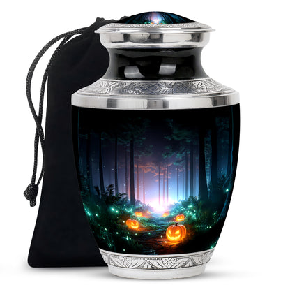 Dark Black Halloween Cremation Urn side profile showing urn shape - stylized abstract halloween pattern with bold lines - full-size 10 inch 200 cubic inch adult cremation urn