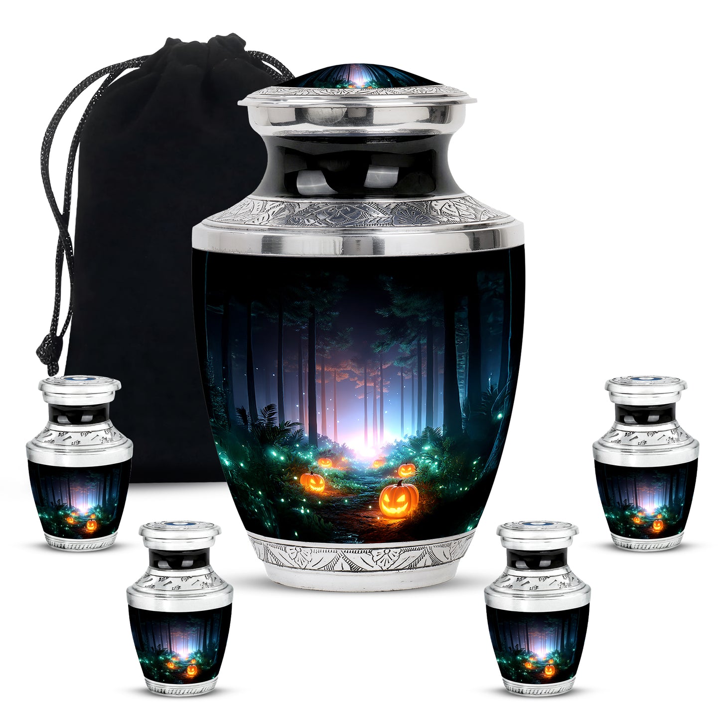 Onyx Black Halloween Cremation Urn lifestyle display on memorial shelf - artistic halloween interpretation with creative detail - memorial set with one large and four small urns