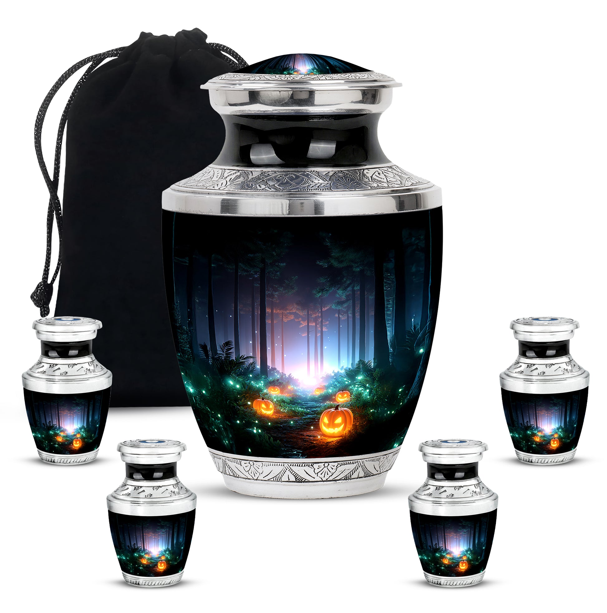Onyx Black Halloween Cremation Urn lifestyle display on memorial shelf - artistic halloween interpretation with creative detail - memorial set with one large and four small urns