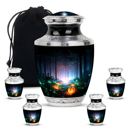 Onyx Black Halloween Cremation Urn lifestyle display on memorial shelf - artistic halloween interpretation with creative detail - memorial set with one large and four small urns