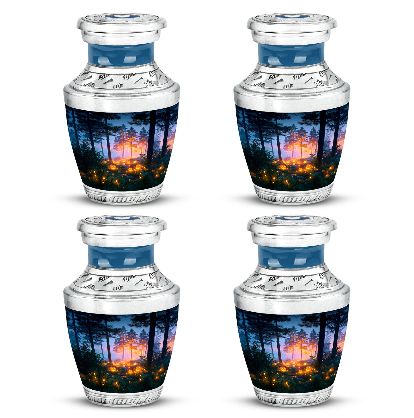 Vivid Blue Halloween Cremation Urn back view with polished surface - artistic halloween interpretation with creative detail - 10 inch aluminum urn for cremated remains