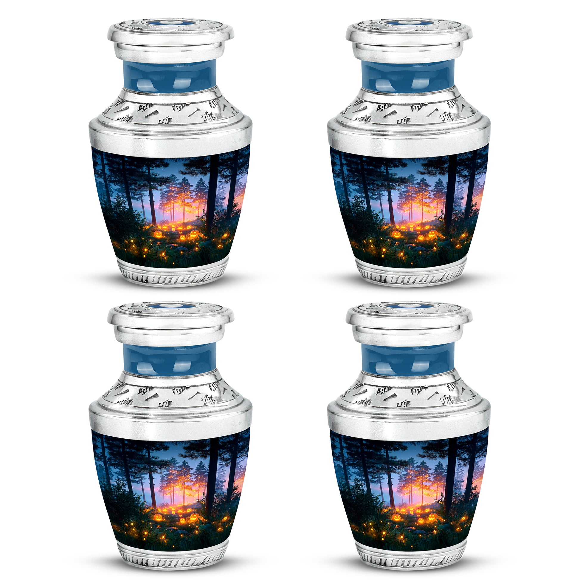 Vivid Blue Halloween Cremation Urn back view with polished surface - artistic halloween interpretation with creative detail - 10 inch aluminum urn for cremated remains
