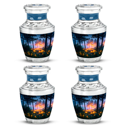 Vivid Blue Halloween Cremation Urn back view with polished surface - artistic halloween interpretation with creative detail - 10 inch aluminum urn for cremated remains