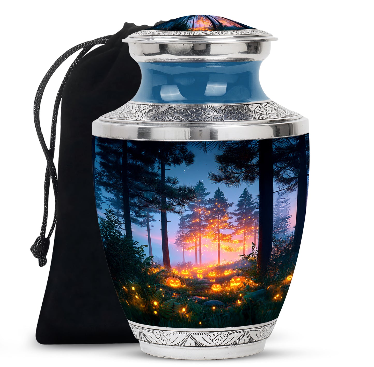 Cornflower Blue Halloween Cremation Urn side profile showing urn shape - artistic halloween interpretation with creative detail - full-size 10 inch 200 cubic inch adult cremation urn