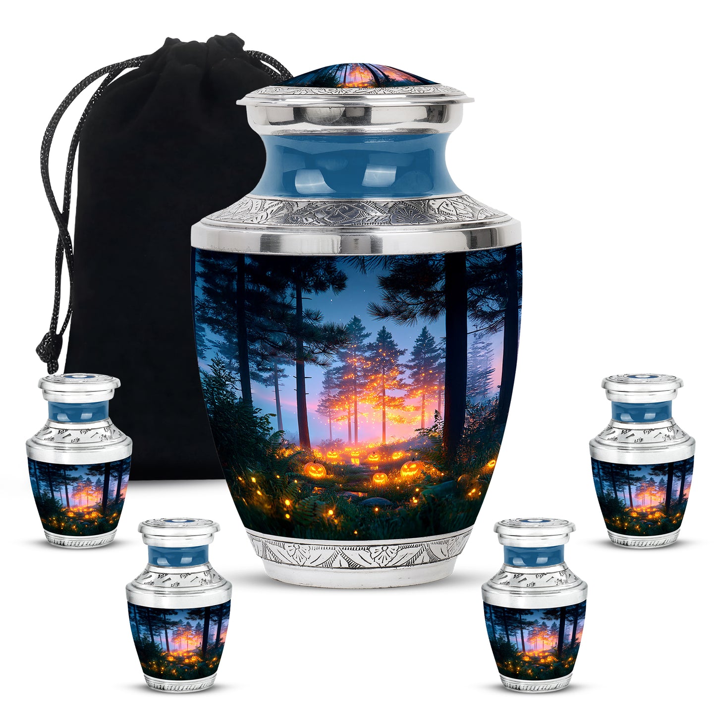 Slate Blue Halloween Cremation Urn lifestyle display on memorial shelf - contemporary halloween design with modern artistic flair - memorial set with one large and four small urns