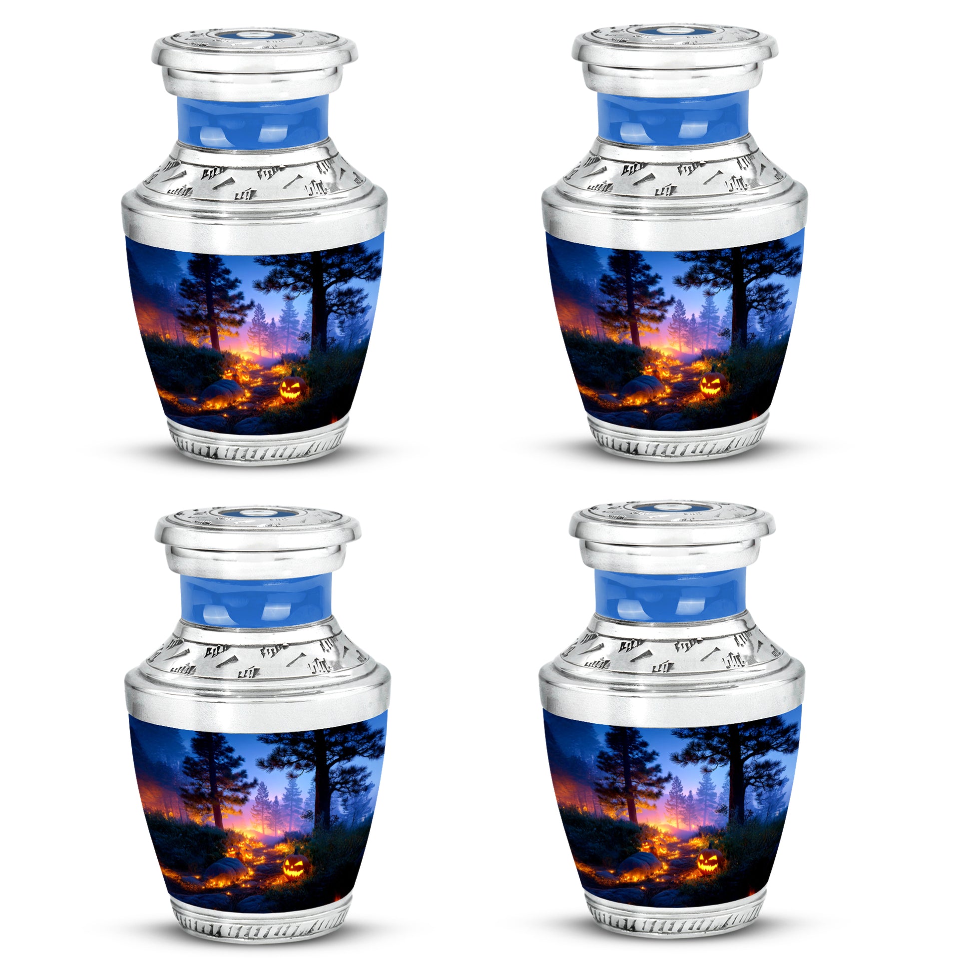 Vivid Blue Halloween Cremation Urn back view with polished surface - artistic halloween interpretation with creative detail - 10 inch aluminum urn for cremated remains