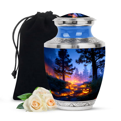 Bright Blue Halloween Cremation Urn side profile showing urn shape - artistic halloween interpretation with creative detail - full-size 10 inch 200 cubic inch adult cremation urn