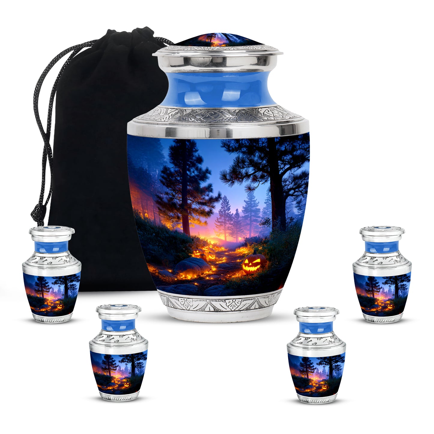 Royal Blue Halloween Cremation Urn lifestyle display on memorial shelf - artistic halloween interpretation with creative detail - memorial set with one large and four small urns