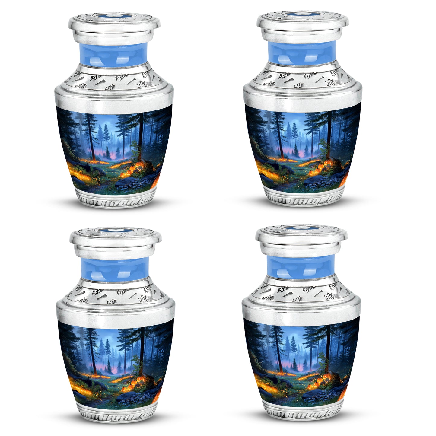 Sky Blue Halloween Cremation Urn back view with polished surface - contemporary halloween design with modern artistic flair - 10 inch aluminum urn for cremated remains