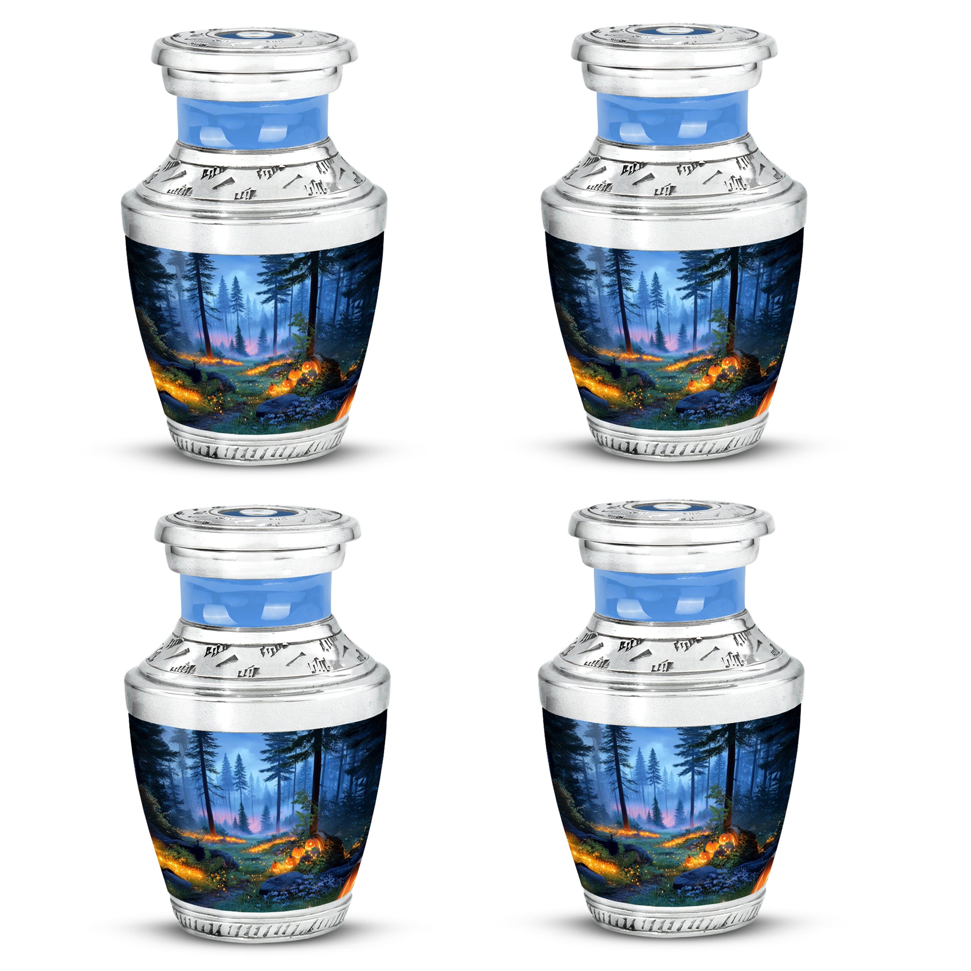 Sky Blue Halloween Cremation Urn back view with polished surface - contemporary halloween design with modern artistic flair - 10 inch aluminum urn for cremated remains