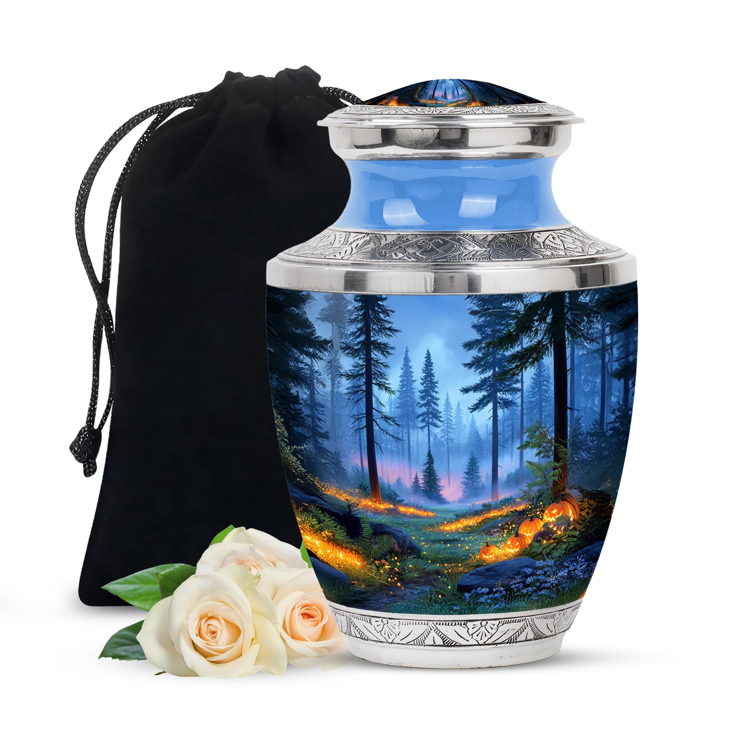 Dusty Blue Halloween Cremation Urn side profile showing urn shape - modern art-inspired halloween motif on sleek aluminum - full-size 10 inch 200 cubic inch adult cremation urn