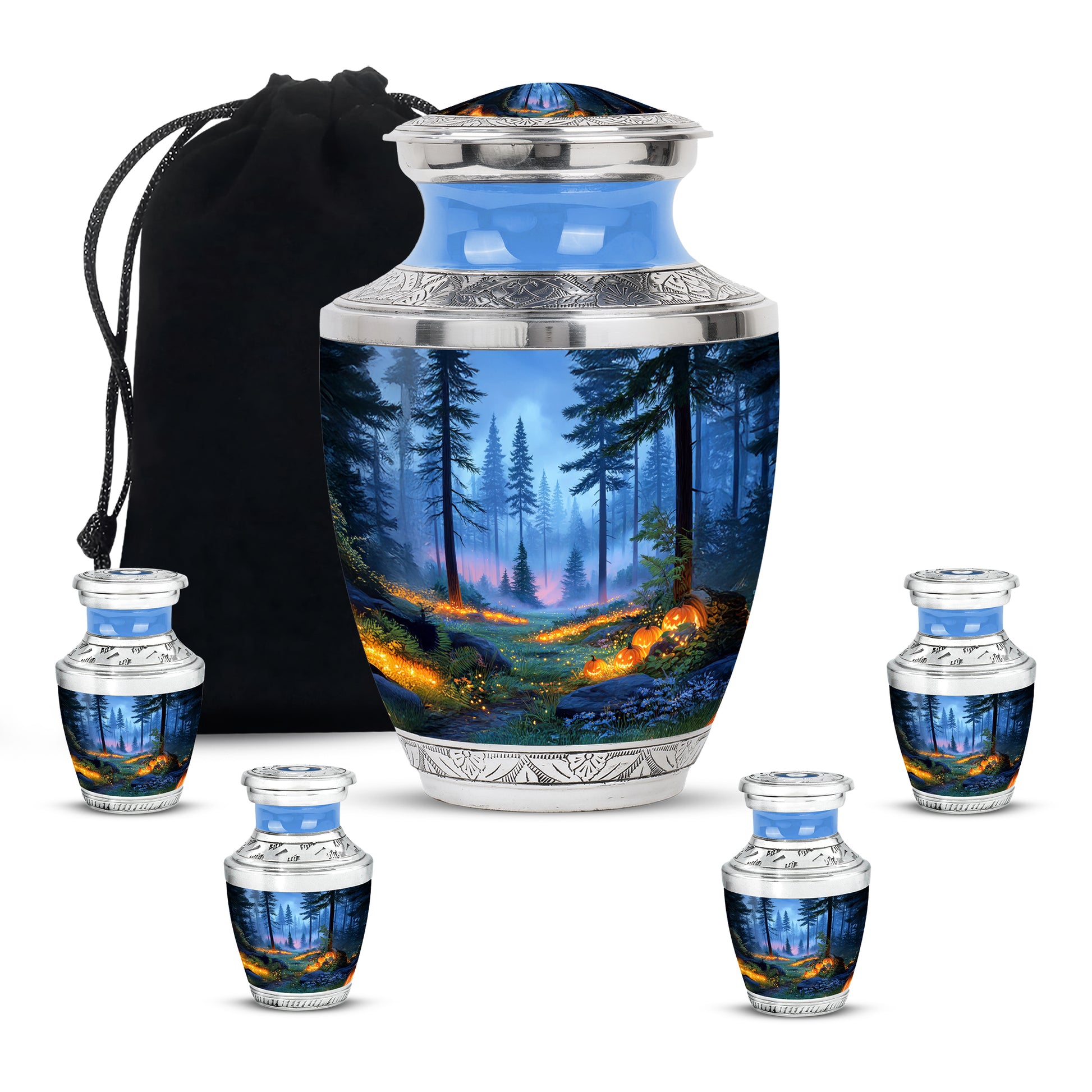 Misty Blue Halloween Cremation Urn lifestyle display on memorial shelf - modern art-inspired halloween motif on sleek aluminum - memorial set with one large and four small urns