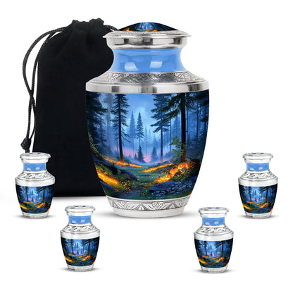 Misty Blue Halloween Cremation Urn lifestyle display on memorial shelf - modern art-inspired halloween motif on sleek aluminum - memorial set with one large and four small urns