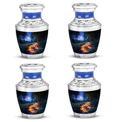 Twilight Blue Halloween Cremation Urn back view with polished surface - stylized abstract halloween pattern with bold lines - 10 inch aluminum urn for cremated remains
