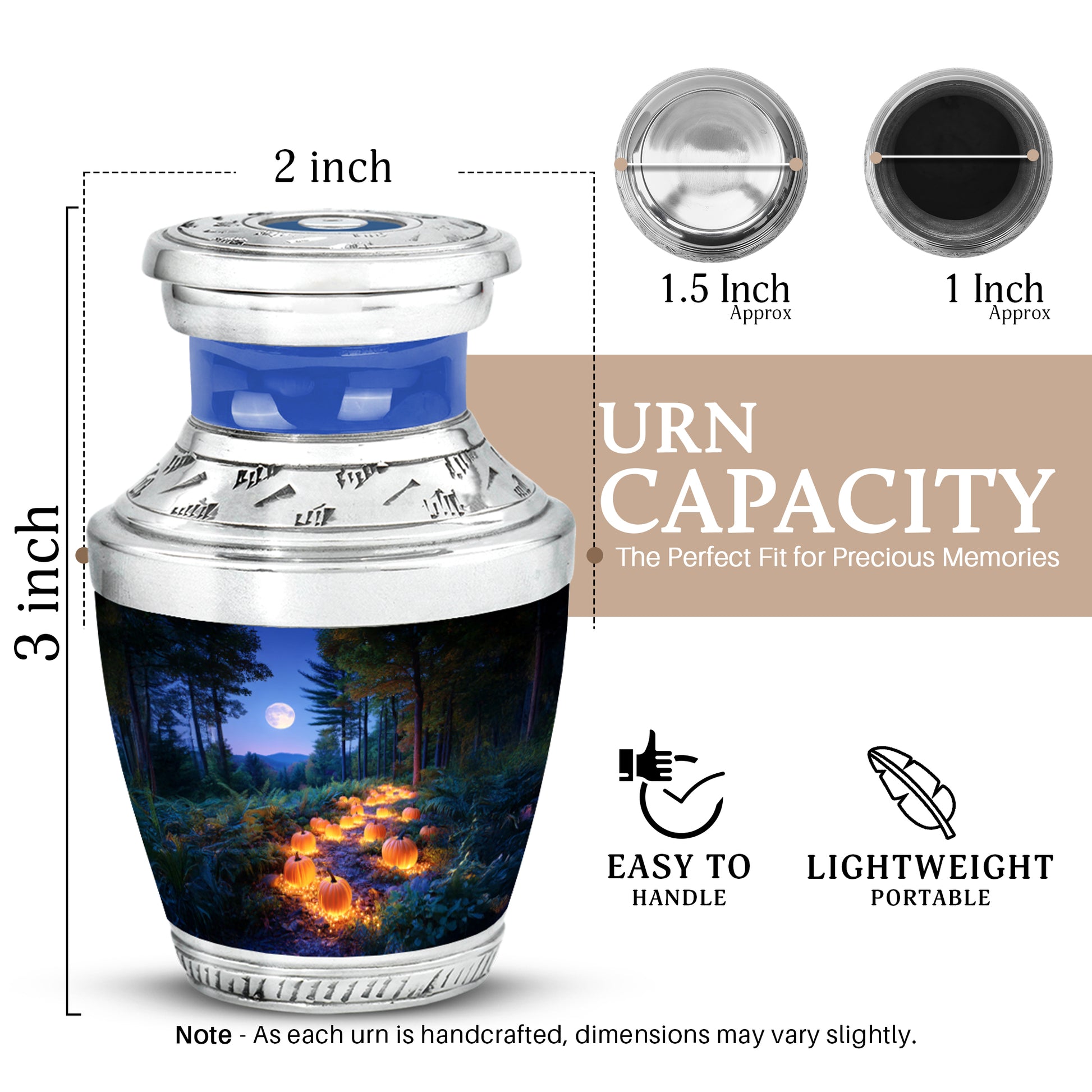 Calming Blue Halloween Cremation Urn top-down view of secure threaded lid - artistic halloween interpretation with creative detail - mini keepsake memorial for portion of cremation ashes