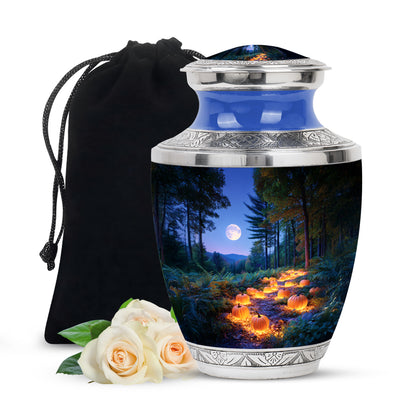 Navy Blue Halloween Cremation Urn side profile showing urn shape - contemporary halloween design with modern artistic flair - full-size 10 inch 200 cubic inch adult cremation urn