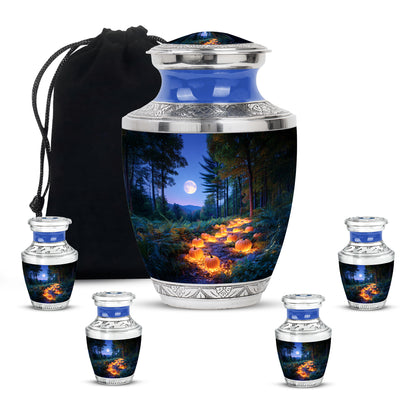 Cobalt Blue Halloween Cremation Urn lifestyle display on memorial shelf - stylized abstract halloween pattern with bold lines - memorial set with one large and four small urns