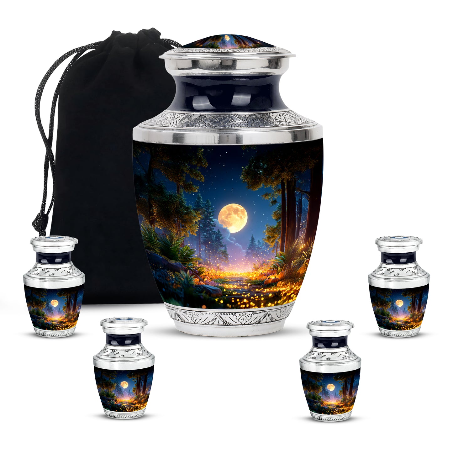 Rich Black Halloween Cremation Urn lifestyle display on memorial shelf - contemporary halloween design with modern artistic flair - memorial set with one large and four small urns