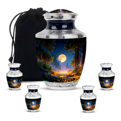 Rich Black Halloween Cremation Urn lifestyle display on memorial shelf - contemporary halloween design with modern artistic flair - memorial set with one large and four small urns