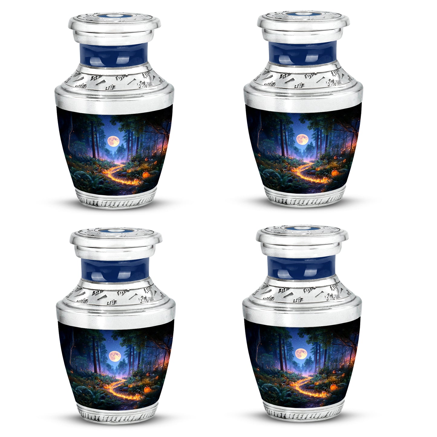 Twilight Blue Halloween Cremation Urn back view with polished surface - stylized abstract halloween pattern with bold lines - 10 inch aluminum urn for cremated remains