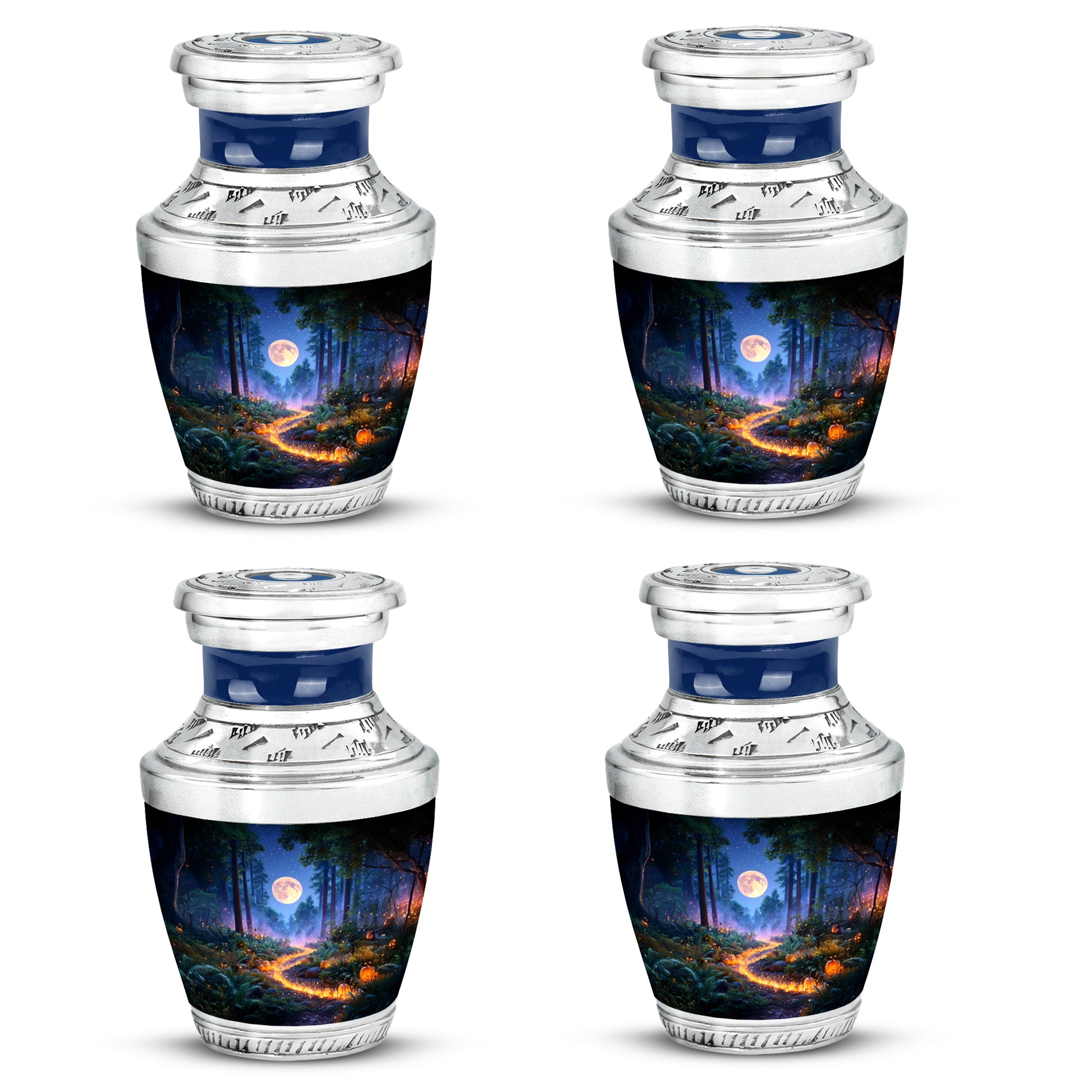 Twilight Blue Halloween Cremation Urn back view with polished surface - stylized abstract halloween pattern with bold lines - 10 inch aluminum urn for cremated remains