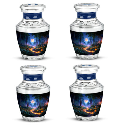 Twilight Blue Halloween Cremation Urn back view with polished surface - stylized abstract halloween pattern with bold lines - 10 inch aluminum urn for cremated remains
